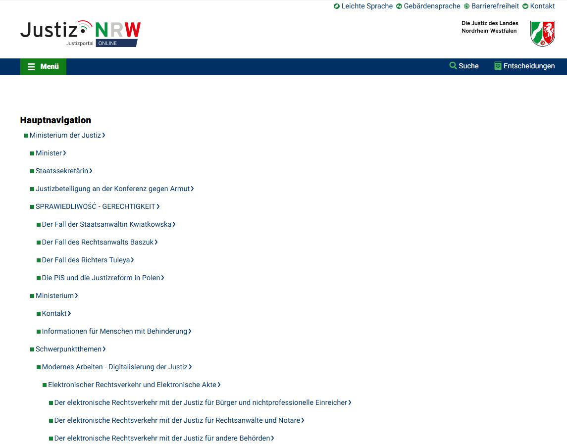 Hauptnavigation Übersicht Justizportal
