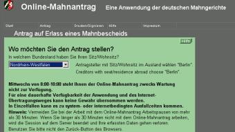 Online-Mahnantrag Eingabemaske