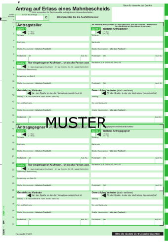 Amtlicher Vordruck "Antrag auf Erlass eines Mahnbescheids", Seite 1 (Vorderseite)