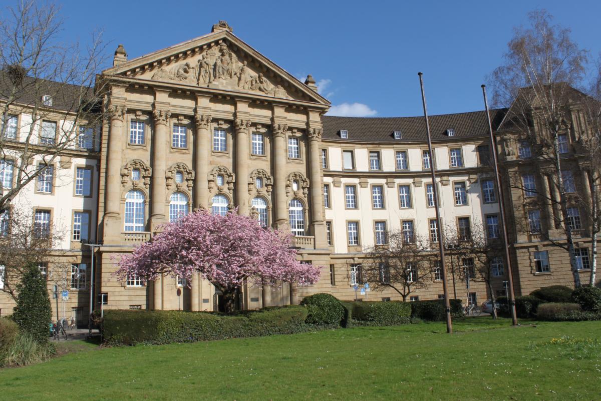 Außenansicht des Oberlandesgerichts Köln mit Kirschblüte im Vordergrund