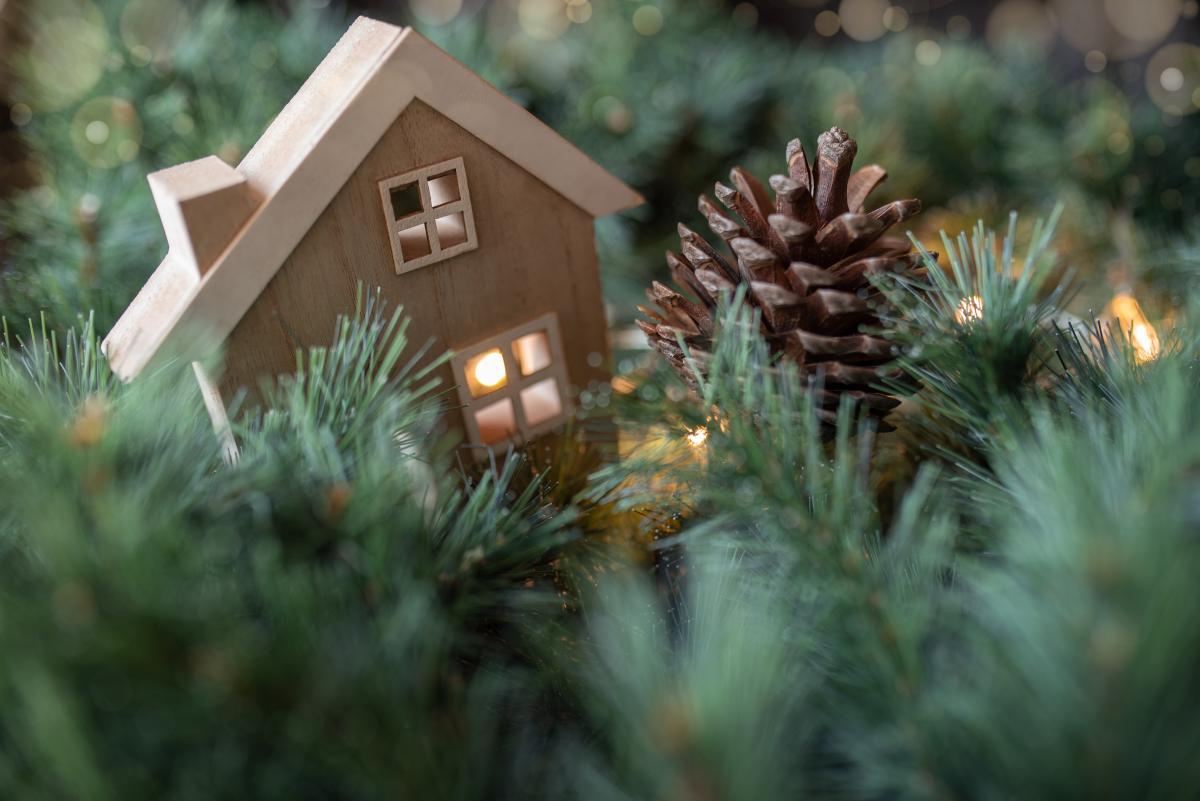 Kleines Holzhaus nebst Tannenzapfen auf Tannenzweigen