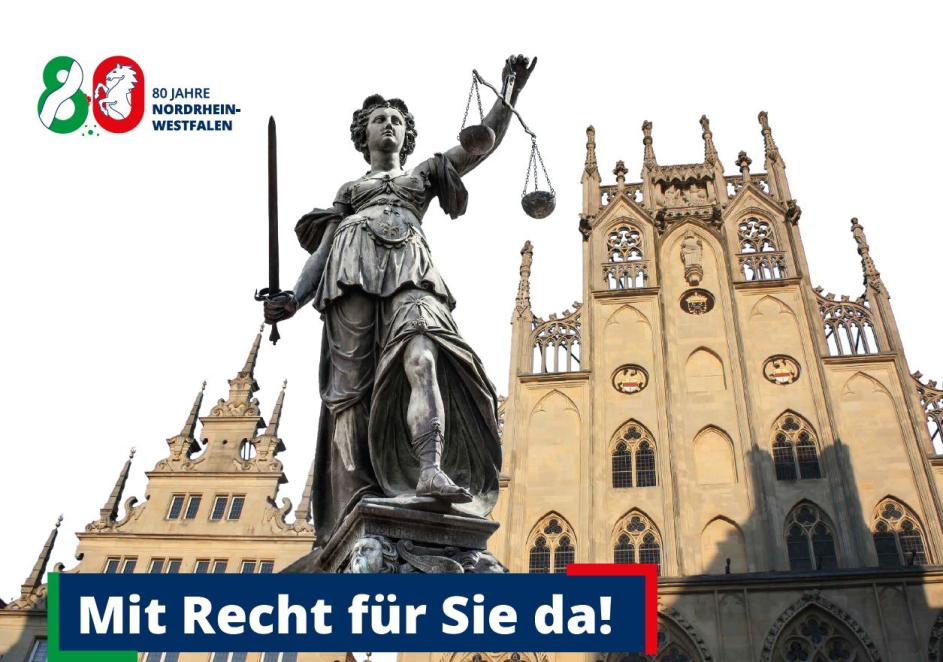 Justitia, Münster Rathaus, Logo 88 Jahre NRW