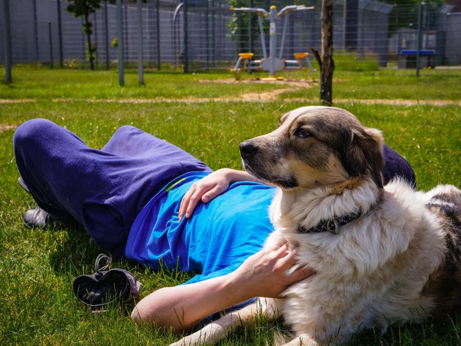 liegender Mann mit Hund