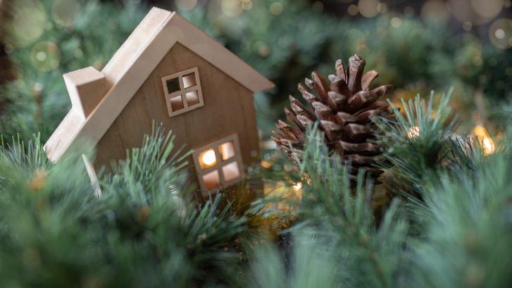 Kleines Holzhaus nebst Tannenzapfen auf Tannenzweigen
