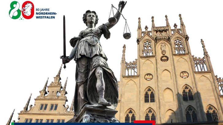 Justitia, Münster Rathaus, Logo 88 Jahre NRW