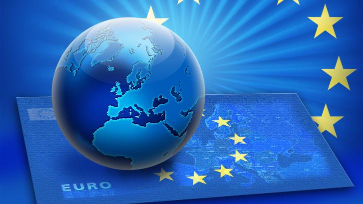 Eine blaue Weltkugel mit Euromotiven